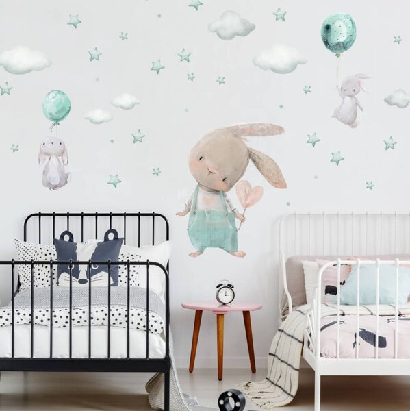 Adesivi da parete per bambini - Coniglietti, stelle, nuvolette