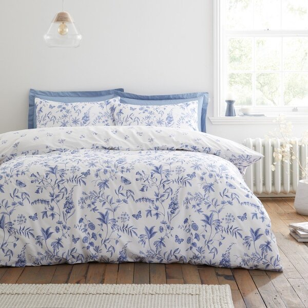 Set copripiumino e federa blu in percalle di cotone per letto singolo 135x200 cm Thea Floral – Bianca