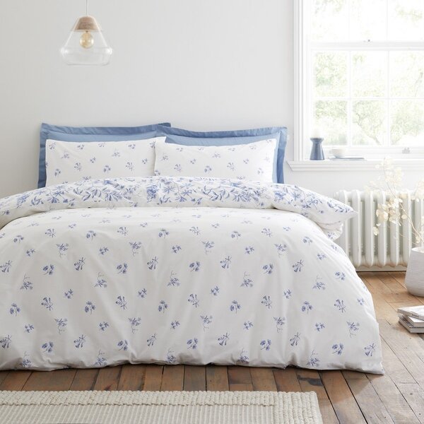 Set copripiumino e federa blu in percalle di cotone per letto singolo 135x200 cm Thea Floral – Bianca
