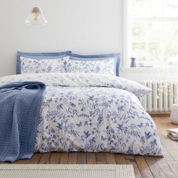 Set copripiumino e federa blu in percalle di cotone per letto singolo 135x200 cm Thea Floral – Bianca