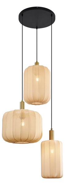 Lampada a sospensione Japandi nera e oro con paralume beige a 3 luci - Pluni