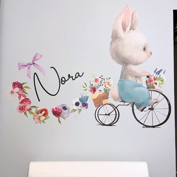 Adesivo con nome - Coniglietto con fiori