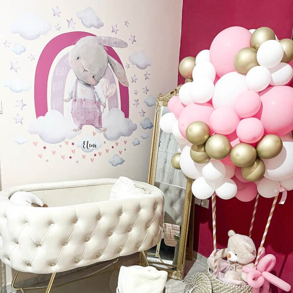 Adesivi da parete per bambini - Coniglietto, arcobaleno in tonalità rosa