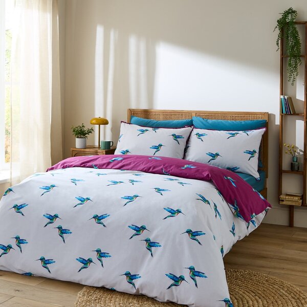 Set copripiumino e federa bianco e viola in cotone per letto singolo 135x200 cm Hummingbird – Their Nibs