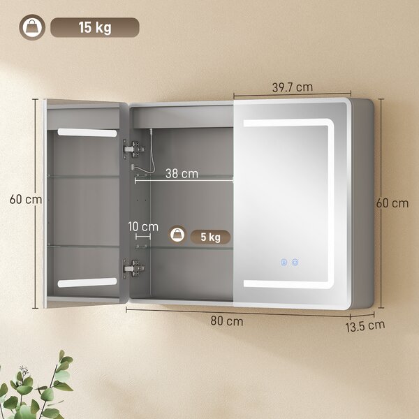 HOMCOM Armadietto Specchio per Bagno con Illuminazione LED, Armadietto Bagno con Antiappannamento, Dimmerabile in 3 Livelli, 80x13,5x60 cm, Argento | Aosom Italy
