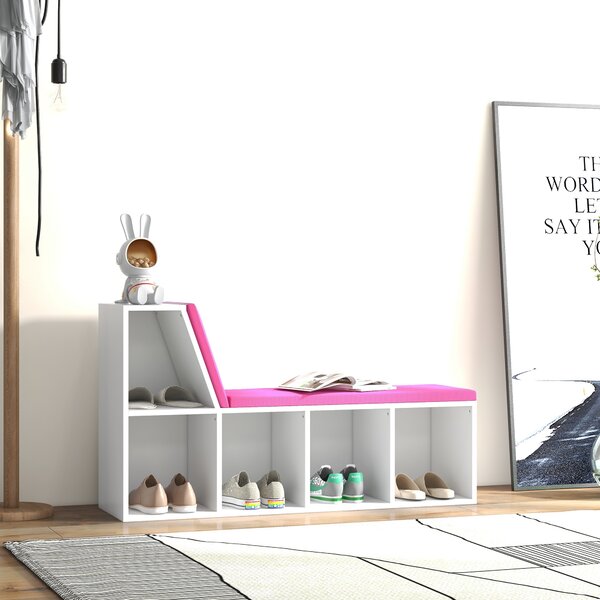 HOMCOM Libreria con Seduta Imbottita e 5 Scomparti, 108x30x60 cm, Bianco e Rosa | Aosom Italy
