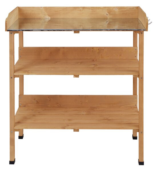 Outsunny Tavola da trapianto con 2 ripiani 3 ganci per gli strumenti tavolo da giardino piano in lamiera d'acciaio zincato con bordo - tavola da piantagione in legno di abete pre-olio
