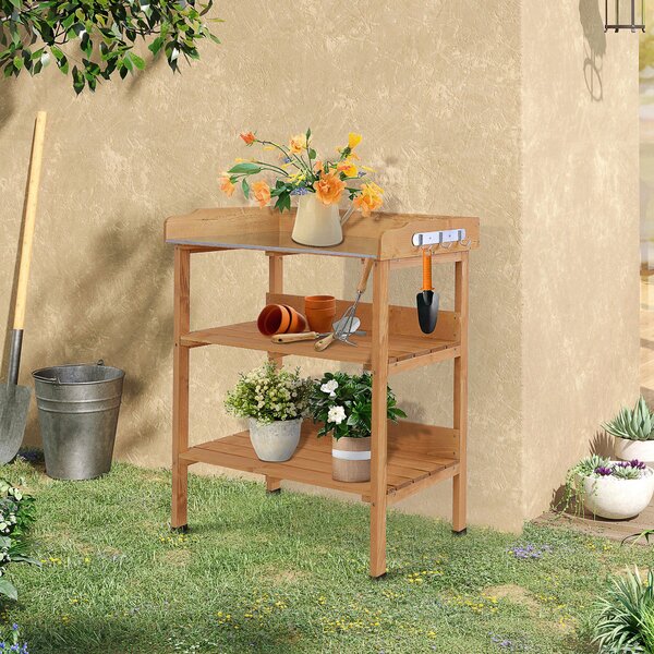 Outsunny Tavola da trapianto con 2 ripiani 3 ganci per gli strumenti tavolo da giardino piano in lamiera d'acciaio zincato con bordo - tavola da piantagione in legno di abete pre-olio