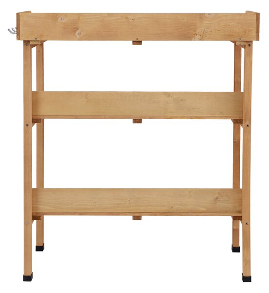 Outsunny Tavola da trapianto con 2 ripiani 3 ganci per gli strumenti tavolo da giardino piano in lamiera d'acciaio zincato con bordo - tavola da piantagione in legno di abete pre-olio