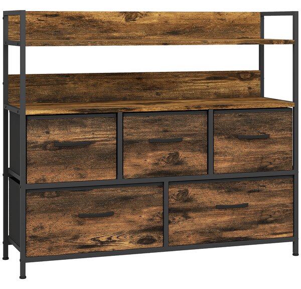 HOMCOM Cassettiera con 5 Cassetti Rimovibili e Ripiani, Design Effetto Legno Industriale e Rustico, 98x29x85 cm, Marrone | Aosom Italy