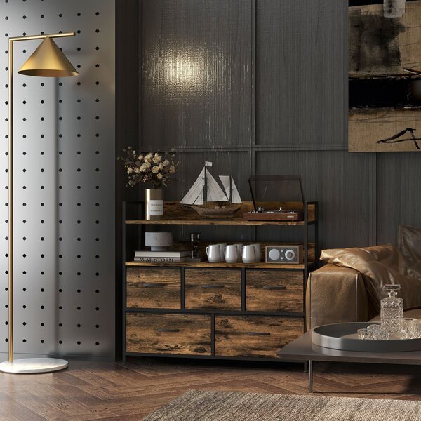 HOMCOM Cassettiera con 5 Cassetti Rimovibili e Ripiani, Design Effetto Legno Industriale e Rustico, 98x29x85 cm, Marrone | Aosom Italy