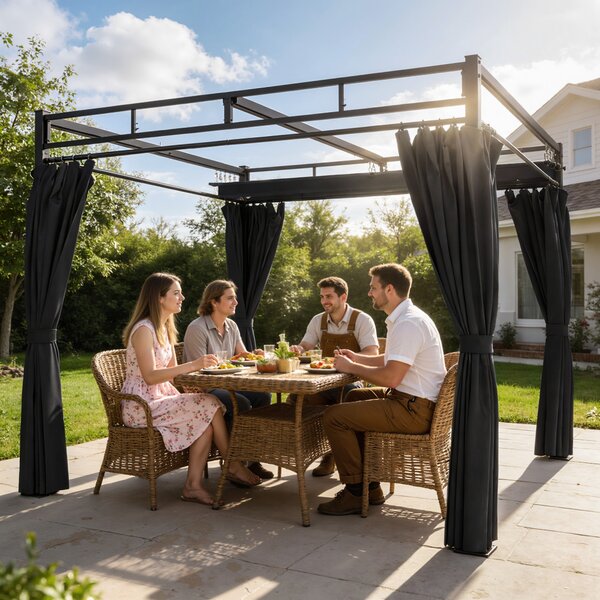 Pergola Gazebo 3x3 m con Tetto Scorrevole UV30+ e 4 Pareti Laterali Grigio Scuro