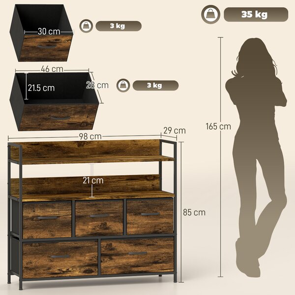 HOMCOM Cassettiera con 5 Cassetti Rimovibili e Ripiani, Design Effetto Legno Industriale e Rustico, 98x29x85 cm, Marrone | Aosom Italy