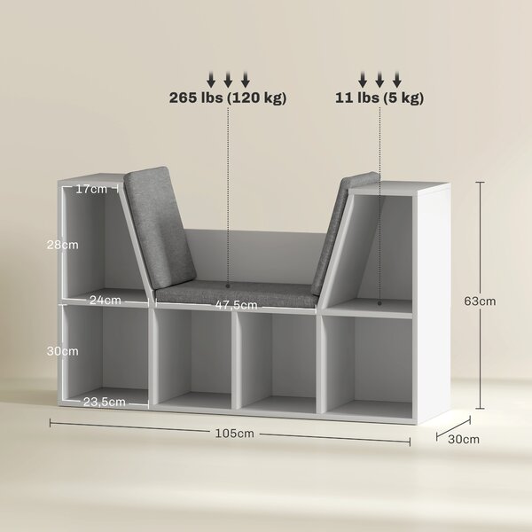 HOMCOM Libreria con Seduta Imbottita e 6 Scomparti, 105x30x63 cm, Bianco | Aosom Italy
