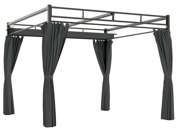 Pergola Gazebo 3x3 m con Tetto Scorrevole UV30+ e 4 Pareti Laterali Grigio Scuro