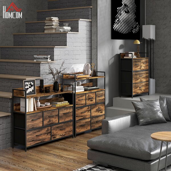HOMCOM Cassettiera con 5 Cassetti Rimovibili e Ripiani, Design Effetto Legno Industriale e Rustico, 98x29x85 cm, Marrone | Aosom Italy