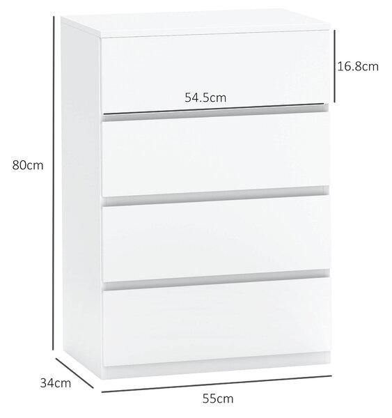 HOMCOM Cassettiera con 4 Cassetti e Cinture Anti-Ribaltamento, in Legno, 55x33x80 cm, Bianco | Aosom Italy