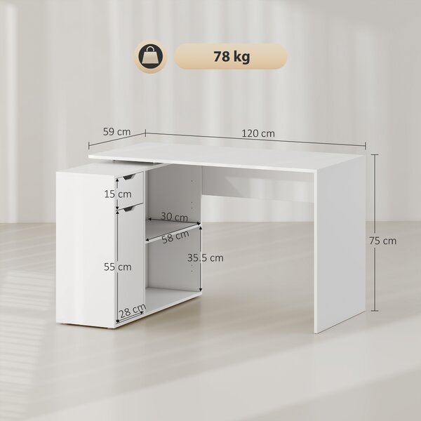 HOMCOM Scrivania Flessibile, Armadietto a 2 Livelli con Cassetto e Ripiani Aperti, in Legno, Bianco | Aosom Italy