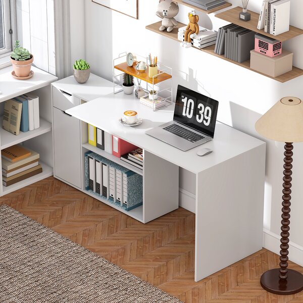 HOMCOM Scrivania Flessibile, Armadietto a 2 Livelli con Cassetto e Ripiani Aperti, in Legno, Bianco | Aosom Italy