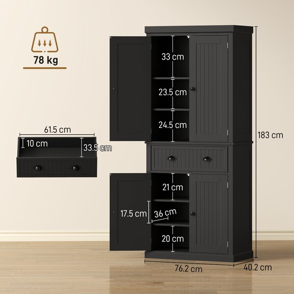 HOMCOM Credenza da Cucina con 4 Porte, Cassetto e Ripiani Regolabili, 76,2x40,2x183 cm, Nero | Aosom Italy
