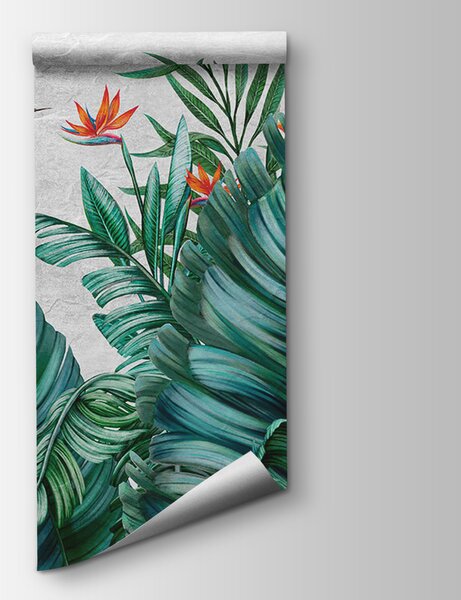 Carta da parati Fogliame tropicale con fiori vivaci, Carta da parati Giungla, Carta da parati popolare, u95153 - Tapeko.it