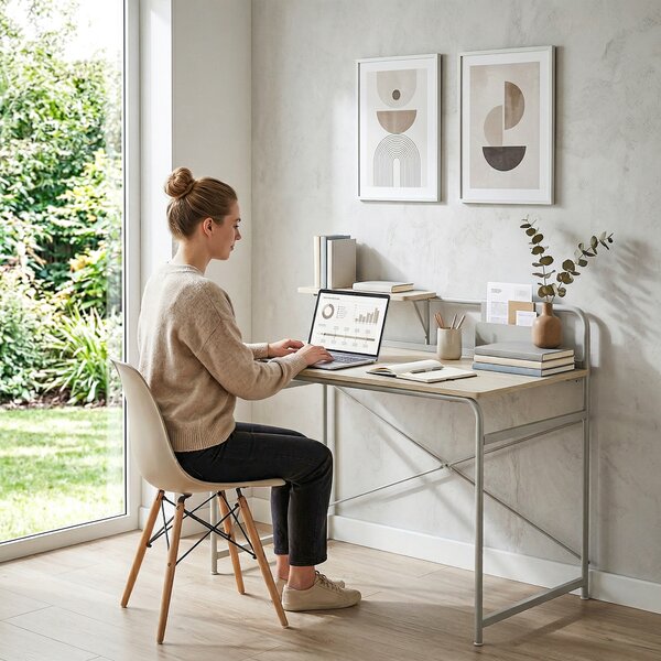 HOMCOM Scrivania Moderna con Ripiano e Struttura in Metallo, Facile da Assemblare, 98x48x88,5 cm, Rovere | Aosom Italy