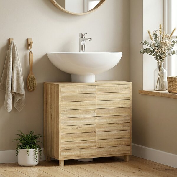 HOMCOM Mobile Sottolavabo a Forma di U con Ripiano Regolabile, Ante a Doghe e Piedini in Feltro, 60x30x60 cm, Legno Naturale | Aosom Italy