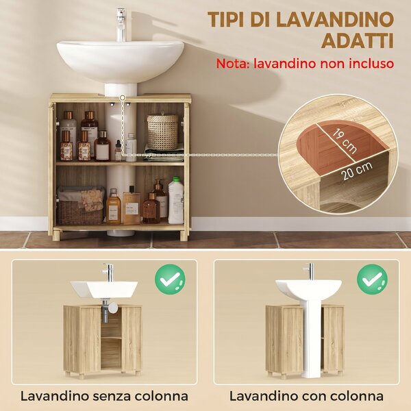 HOMCOM Mobile Sottolavabo a Forma di U con Ripiano Regolabile, Ante a Doghe e Piedini in Feltro, 60x30x60 cm, Legno Naturale | Aosom Italy