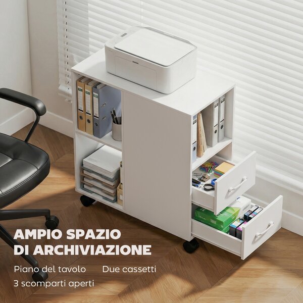 HOMCOM Tavolino con Ruote Minimal con 2 Cassetti, Vano Aperto e Ripiano Regolabile, in Legno, 60x30x65 cm, Bianco | Aosom Italy