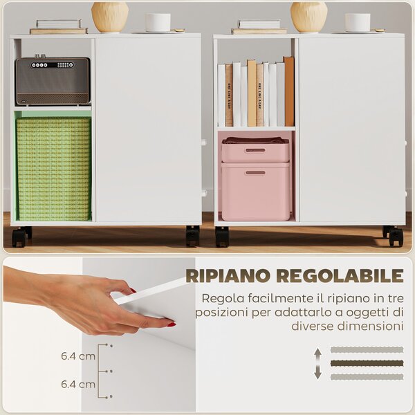 HOMCOM Tavolino con Ruote Minimal con 2 Cassetti, Vano Aperto e Ripiano Regolabile, in Legno, 60x30x65 cm, Bianco | Aosom Italy