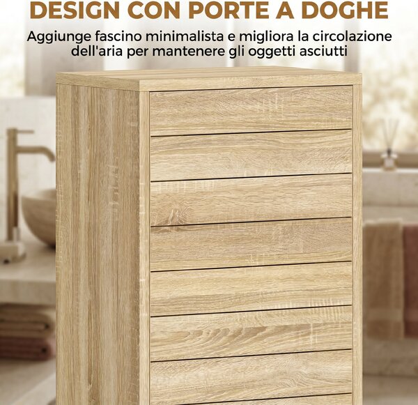 HOMCOM Mobile da Bagno Stretto con Porta a Doghe e 3 Ripiani, 34x23x84 cm, Legno Naturale | Aosom Italy