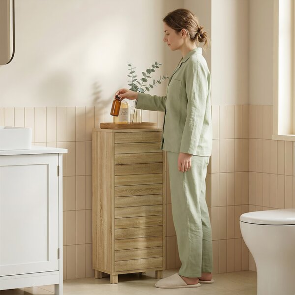 HOMCOM Mobile da Bagno Stretto con Porta a Doghe e 3 Ripiani, 34x23x84 cm, Legno Naturale | Aosom Italy