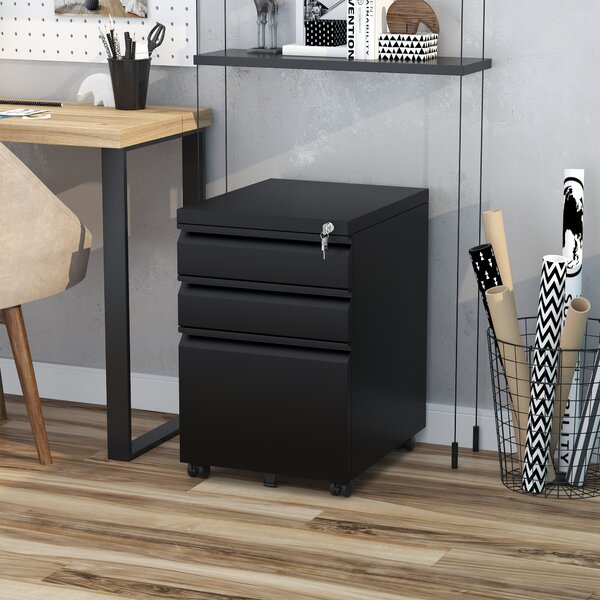 HOMCOM Mobiletto per ufficio con ruote, 3 cassetti bloccabili, 39 x 48 x 60 cm nero