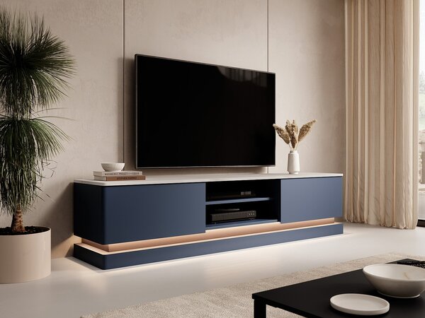 Mobile TV 2 cassetti e 2 nicchie con LED MDF Blu effetto marmo Bianco - DEVIKA di Pascal MORABITO