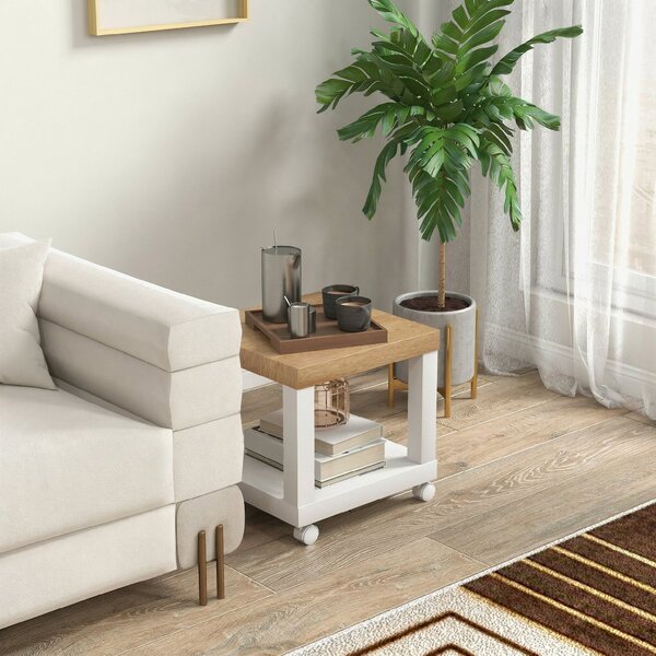 HOMCOM Tavolino Moderno con Mensola Aperta e Ruote, 40x40x40 cm, Legno Naturale e Bianco | Aosom Italy