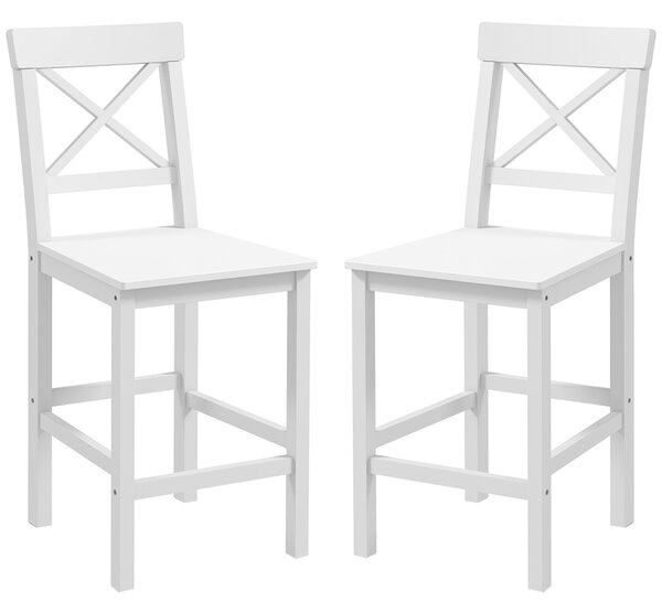 HOMCOM Set di 2 sgabelli da bar, stile rustico da casa di mare in legno altezza 60 cm con poggiapiedi, bianco