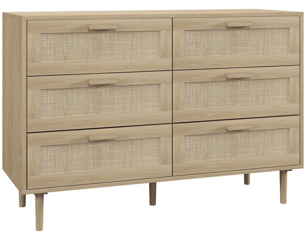 HOMCOM Cassettiera 6 Cassetti in Rattan con Gambe in Legno, Settimino per Soggiorno e Camera da Letto, 110x40x75 cm, Legno Naturale | Aosom Italy
