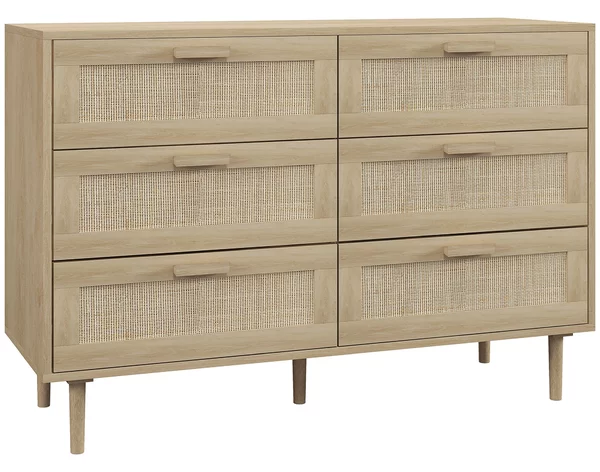 HOMCOM Cassettiera 6 Cassetti in Rattan con Gambe in Legno, Settimino per Soggiorno e Camera da Letto, 110x40x75 cm, Legno Naturale | Aosom Italy