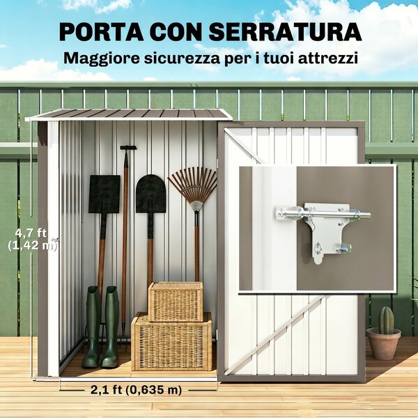 Outsunny Casetta Porta Attrezzi 0.92m² in Acciaio Zincato con Tetto Inclinato e Serratura, 100x103x160 cm, Marrone