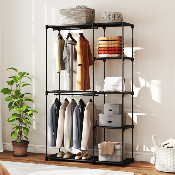 HOMCOM Guardaroba Portatile con 2 Aste e 6 Ripiani, in Tessuto non Tessuto, Plastica e Acciaio, 111x43x185 cm, Nero | Aosom Italy