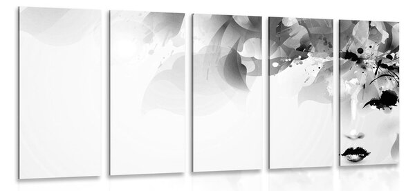 Quadri in 5 parti volto di donna con elementi astratti - 100x50