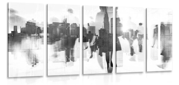 Quadri in 5 parti siluhettes di persone nella metropoli in bianco e nero - 100x50