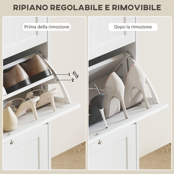 HOMCOM Scarpiera Salvaspazio a 3 Cassetti con Ripiani Regolabili su 2 Livelli, in Legno, 60x23.5x115 cm, Bianco | Aosom Italy
