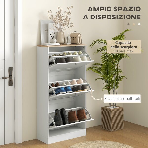 HOMCOM Scarpiera Salvaspazio a 3 Cassetti con Ripiani Regolabili su 2 Livelli, in Legno, 60x23.5x115 cm, Bianco | Aosom Italy