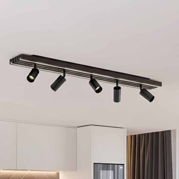 Faretto da soffitto LED Lucande Tiron, a 5 luci, 100 cm, rovere Tiron Lucande, dimmerabile, Legno scuro, Soggiorno / Sala da pranzo, Legno, Moderno