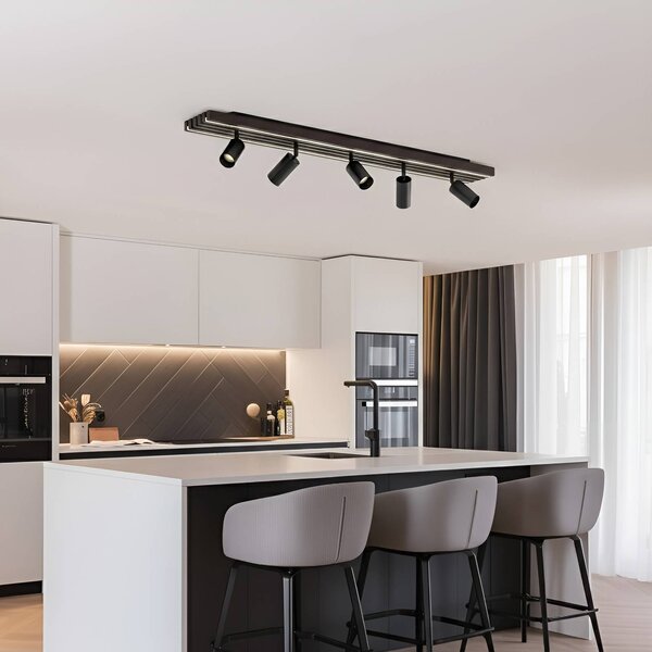 Faretto da soffitto LED Lucande Tiron, a 5 luci, 100 cm, rovere Tiron Lucande, dimmerabile, Legno scuro, Soggiorno / Sala da pranzo, Legno, Moderno
