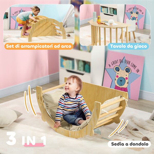 AIYAPLAY Arco Montessoriano 3 in 1 per Bambini da 18-48 Mesi, Struttura da Arrampicata, Tavolino e Dondolo con Cuscino | Aosom Italy