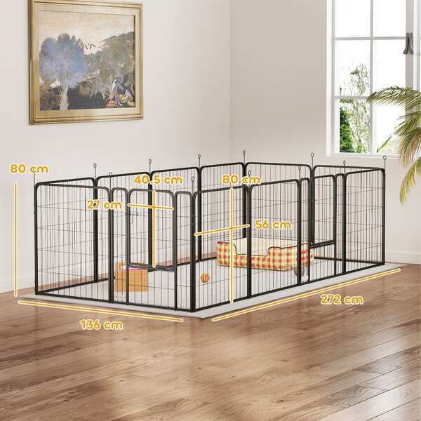 PawHut Recinto per Cani a 12 Pannelli Modulabili da 68x1.5x80cm in Acciaio Nero con Porta di Ingresso