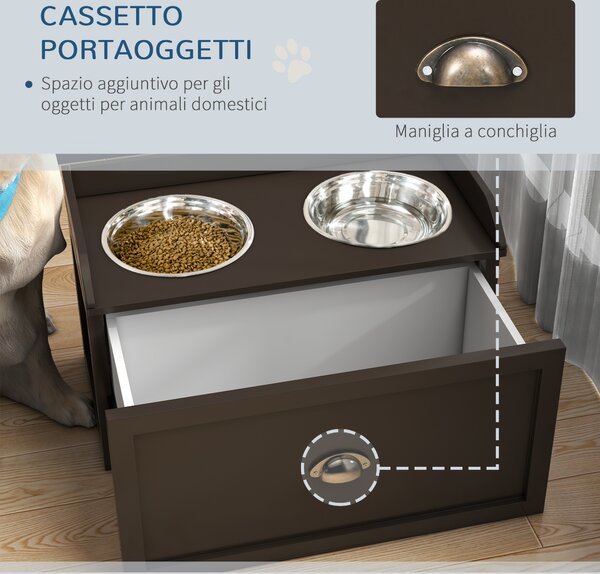 PawHut Ciotole per Cani Rialzate in Acciaio Inox e Legno con Cassetto, 60x30x36cm, Marrone | Aosom Italy
