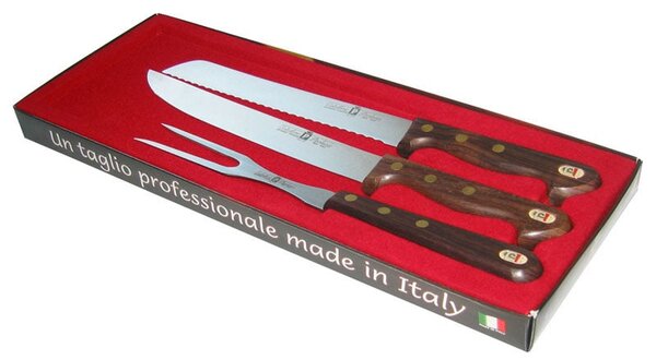 Set 3 coltelli in manico di palissandro lame inox , Coltello per pane, coltello per arrosto e forchettone